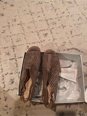 Via Spiga Brown taupe Perforated Suede Peep-Toe Slingback Mules